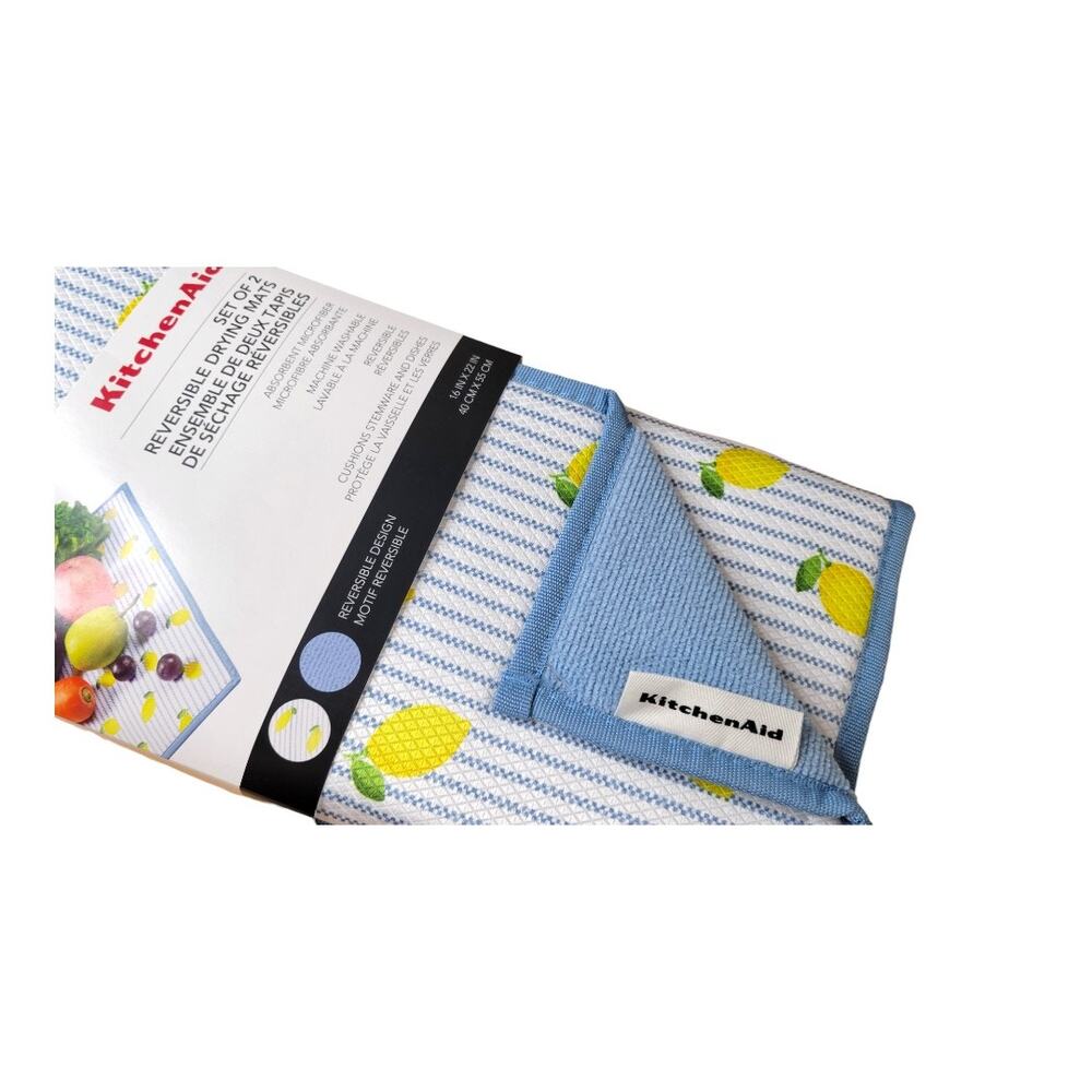 NEW KitchenAid Lemon Print Drying Mats 16" x 22" [Blue & Yellow] (Pack of 2) - Picture 2 of 5